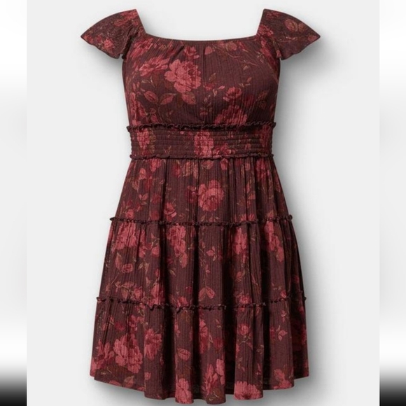 Torrid Floral Burgundy Mini Dress Sz 0X L/XL Maroon Fall Autumn Roses - Picture 4 of 7